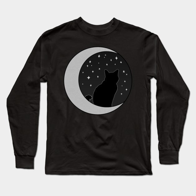 Black Cat and Silver Crescent Moon Long Sleeve T-Shirt by Velvet Earth